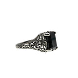 Black Beauty - Estate Sterling Silver Natural Emerald Cut Black Agate Filigree Ring (ER452)