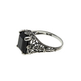 Black Beauty - Estate Sterling Silver Natural Emerald Cut Black Agate Filigree Ring (ER452)