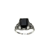 Black Beauty - Estate Sterling Silver Natural Emerald Cut Black Agate Filigree Ring (ER452)