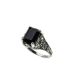 Black Beauty - Estate Sterling Silver Natural Emerald Cut Black Agate Filigree Ring (ER452)