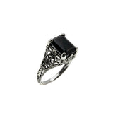 Black Beauty - Estate Sterling Silver Natural Emerald Cut Black Agate Filigree Ring (ER452)