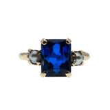 Blue Velvet - Vintage 10K Gold Emerald Cut Blue Sapphire & Cultured Pearl Ring (VR1121)