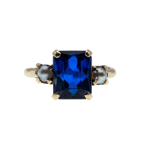 Blue Velvet - Vintage 10K Gold Emerald Cut Blue Sapphire & Cultured Pearl Ring (VR1121)