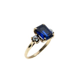 Blue Velvet - Vintage 10K Gold Emerald Cut Blue Sapphire & Cultured Pearl Ring (VR1121)