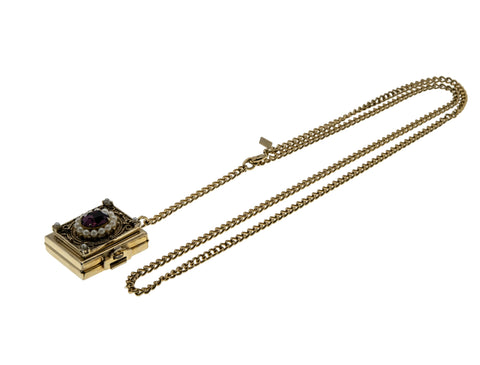 Story Book - Vintage Signed Coro Gold Plated Amethyst Crystal Rhinestone Pearl Locket Pendant & Gold Plated Chain (VP302)