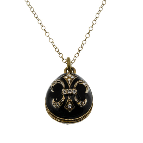 Victorian Revival - Vintage Gold plated Crystal Rhinestone Black Enamel  'Fleur De Lis' Faberge Style Egg Pendant & 14K Gold Fill chain (VP304)