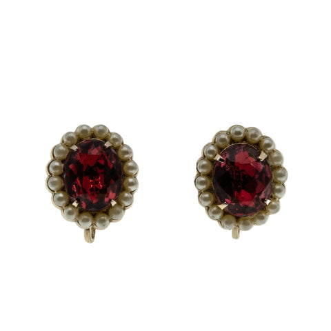 Pink Tourmaline Coloured - Vintage Signed 'Coro' Gold Plated Crystal Rhinestone & Pearl Screw Back Earrings (VE535)