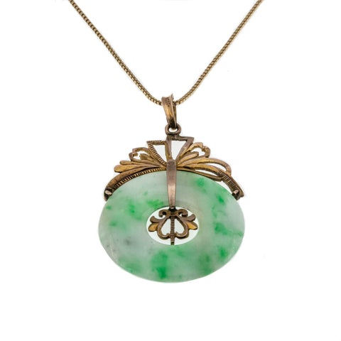 Jewel Of The Orient - Vintage 14K Gold Jadeite Disc Pendant & 10K Chain (VP203)