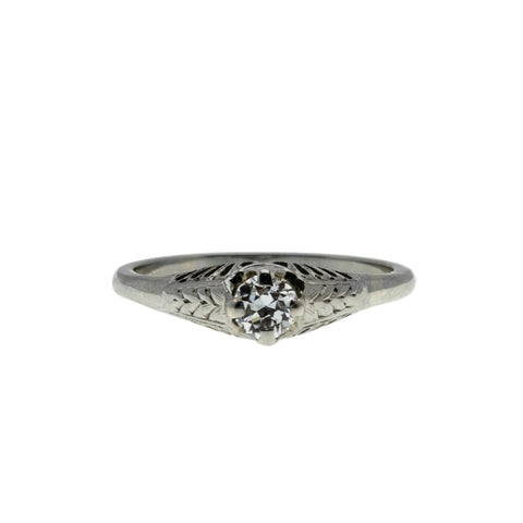 Thoroughly Engaging - Art Deco 18K White Gold Natural 'Old European Cut' Diamond Engraved Filigree Ring (ADR296)