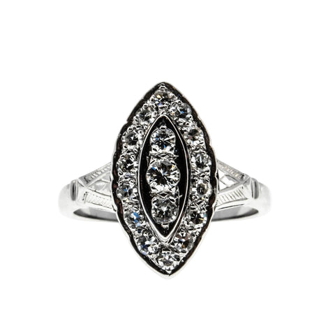 Marquise Radiance - Art Deco 14K White Gold Natural Diamond Engraved Cluster Ring (ADR297)