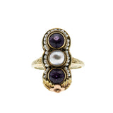 A Day In 1919 - Edwardian 14K Gold Natural Amethyst & Pearl 'Forget Me Knot' Engraved Filigree Ring (EDR105)