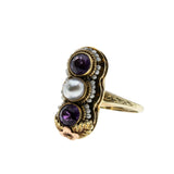 A Day In 1919 - Edwardian 14K Gold Natural Amethyst & Pearl 'Forget Me Knot' Engraved Filigree Ring (EDR105)