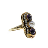 A Day In 1919 - Edwardian 14K Gold Natural Amethyst & Pearl 'Forget Me Knot' Engraved Filigree Ring (EDR105)