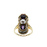 A Day In 1919 - Edwardian 14K Gold Natural Amethyst & Pearl 'Forget Me Knot' Engraved Filigree Ring (EDR105)