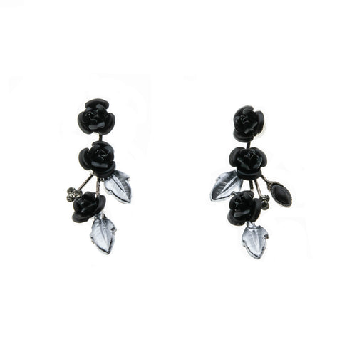 Black Rose - Estate Silver Metal Resin & Crystal Rhinestone Dangly Flower Earrings (EE224)