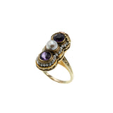 A Day In 1919 - Edwardian 14K Gold Natural Amethyst & Pearl 'Forget Me Knot' Engraved Filigree Ring (EDR105)