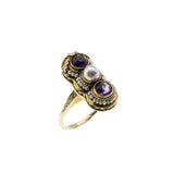 A Day In 1919 - Edwardian 14K Gold Natural Amethyst & Pearl 'Forget Me Knot' Engraved Filigree Ring (EDR105)