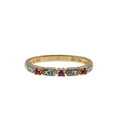 Crimson & A Touch Of Sparkle - Vintage Gold Plate Over Sterling Silver Natural Ruby & Diamond Band Ring (VR1129)