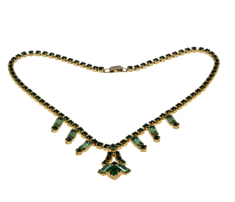 Rays Of Green - Vintage Signed 'Continental' Gold Plated Crystal Rhinestone Necklace (VN266)