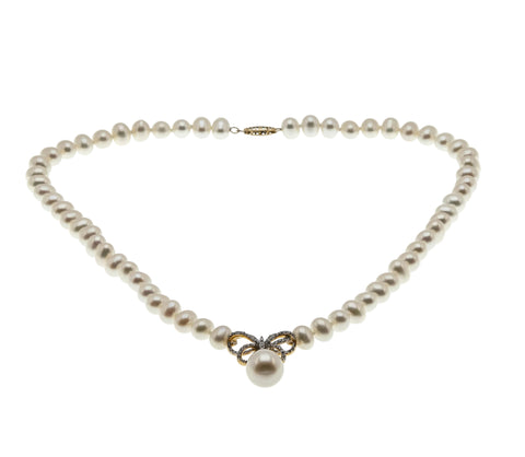 Girl With The Pearl Necklace - Vintage 10K Gold Cultured Pearl & Natural Diamond Bow Necklace (VN267)