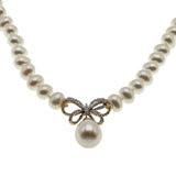 Girl With The Pearl Necklace - Vintage 10K Gold Cultured Pearl & Natural Diamond Bow Necklace (VN267)