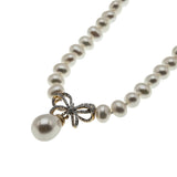 Girl With The Pearl Necklace - Vintage 10K Gold Cultured Pearl & Natural Diamond Bow Necklace (VN267)