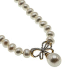 Girl With The Pearl Necklace - Vintage 10K Gold Cultured Pearl & Natural Diamond Bow Necklace (VN267)