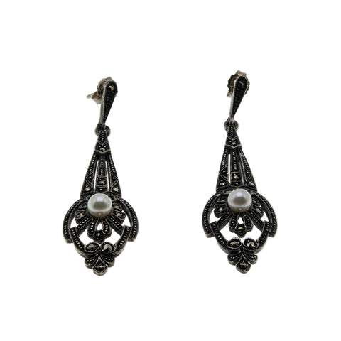 Victorian Revival - Vintage Sterling Silver Genuine Cultured Pearl & Marcasite Dangly Earrings (VE539)