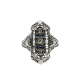 Jewelled Lace - Art Deco 18K White Gold Natural Diamond & Sapphire Filigree Ring (ADR298)