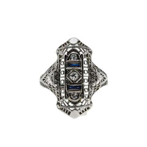 Jewelled Lace - Art Deco 18K White Gold Natural Diamond & Sapphire Filigree Ring (ADR298)