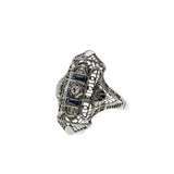 Jewelled Lace - Art Deco 18K White Gold Natural Diamond & Sapphire Filigree Ring (ADR298)