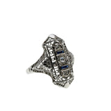 Jewelled Lace - Art Deco 18K White Gold Natural Diamond & Sapphire Filigree Ring (ADR298)