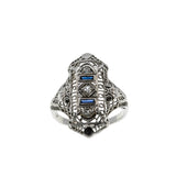 Jewelled Lace - Art Deco 18K White Gold Natural Diamond & Sapphire Filigree Ring (ADR298)