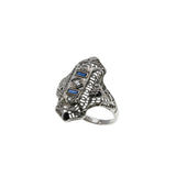 Jewelled Lace - Art Deco 18K White Gold Natural Diamond & Sapphire Filigree Ring (ADR298)
