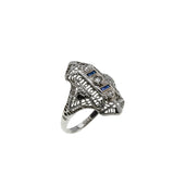 Jewelled Lace - Art Deco 18K White Gold Natural Diamond & Sapphire Filigree Ring (ADR298)