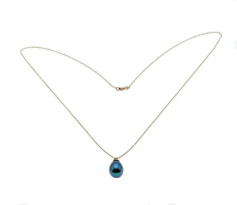 Nature's Treasure - Vintage 10K Gold Teal Blue Pearl Pendant & Chain (VP206)