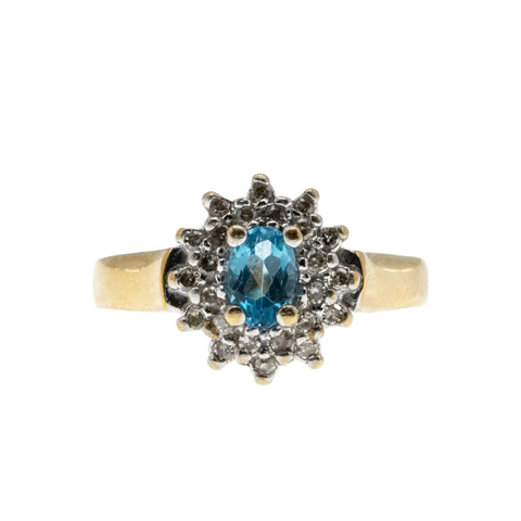Water & Ice - Vintage 10K Gold Natural Swiss Blue Topaz & Diamond Cluster Ring (VR1136)