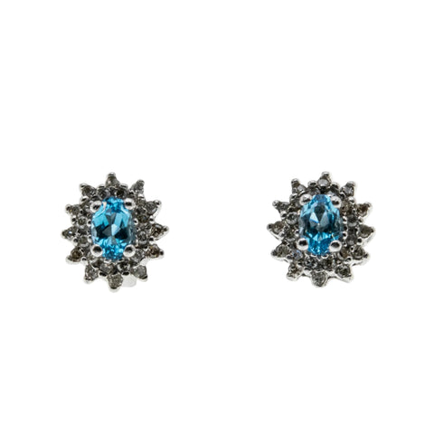 Water & Ice - Vintage 10K White Gold Natural Swiss Blue Topaz & Diamond Cluster Stud Earrings (VE540)