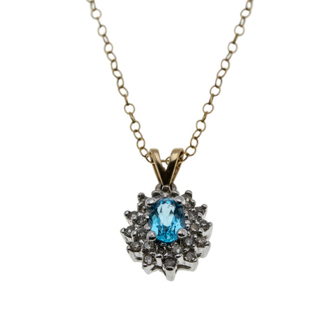 Water & Ice - Vintage 10K Gold Natural Swiss Blue Topaz & Diamond Cluster Pendant & 14K Gold Fill Chain (VP306)