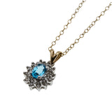 Water & Ice - Vintage 10K Gold Natural Swiss Blue Topaz & Diamond Cluster Pendant & 14K Gold Fill Chain (VP306)
