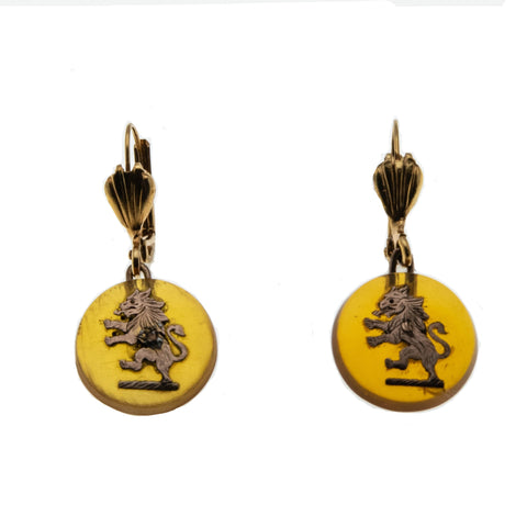 Heraldic Adornments - Art Deco Gold Plate & Sterling Silver Resin Lion Dangly Earrings (ADE037)