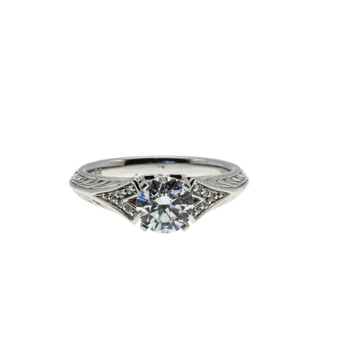 All In White - Vintage Rhodium Plated Sterling Silver Cubic Zirconia Engraved Ring (VR1139)