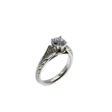 All In White - Vintage Rhodium Plated Sterling Silver Cubic Zirconia Engraved Ring (VR1139)