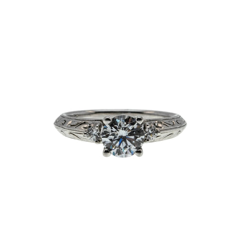 Antique Revival - Vintage Rhodium Plated Sterling Silver Cubic Zirconia Engraved Ring (VR1140)