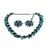 Teal Beauty - Vintage Signed 'Sherman' Rhodium Plate Austrian Swarovski Aurora Borealis Crystal Rhinestone Necklace & Clip-On Earring Set (VN268)