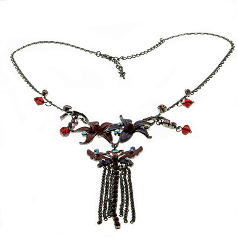 Jeweled Whimsey - Estate Silver Toned Crystal Rhinestone Enamel Butterfly & Floral Necklace (EN030)