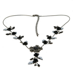 Black Roses - Estate Silver Metal Resin & Crystal Rhinestone Flower Necklace (EN031)