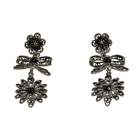Español De Renaissance - Art Deco 900 Silver 'Bow & Floral' Filigree Earrings (ADE040)