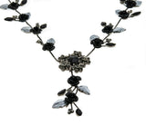 Black Roses - Estate Silver Metal Resin & Crystal Rhinestone Flower Necklace (EN031)