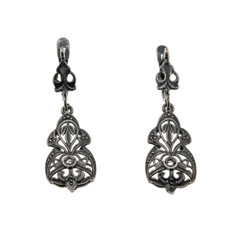 Exquisite Deco - Art Deco Spanish 800 Silver Natural Rose Cut White Topaz Open-Work Dangly Earrings (VE041)